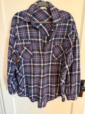 POL Blue Plaid Button-Up Flannel Shirt
